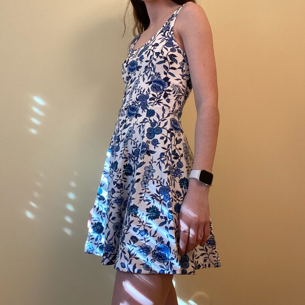 White Dress with Blue Floral Print